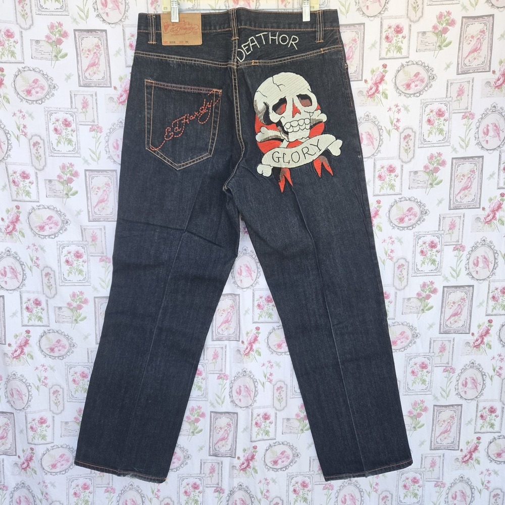 Vtg 2000s Ed Hardy Death or Glory Skull Embroidered Denim Jeans Y2K Men's‎ 38x34